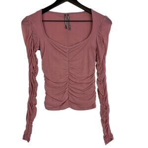 Anthropologie Ruched Long Sleeve Top Pink Stretch Mesh - Size XXS 2XS